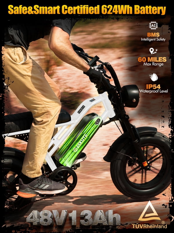 ESKUTE V100 Electric Bike for Teens Adults, 750W Peak 1500W 28 Mph 48V 13 Ah,16x4.0 Fat Tire E Bicycle, 7-Speed E-Bike with Dual Suspension, UL2849