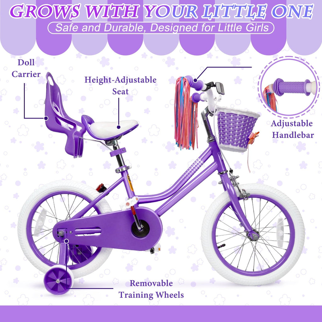 XJD Girls Bike for Toddlers 3-9 Years Old Kids, 16 Inch Kids Bike with Training Wheels, Streamers, Basket and Doll Seat, Children Bicycles with Handbrake