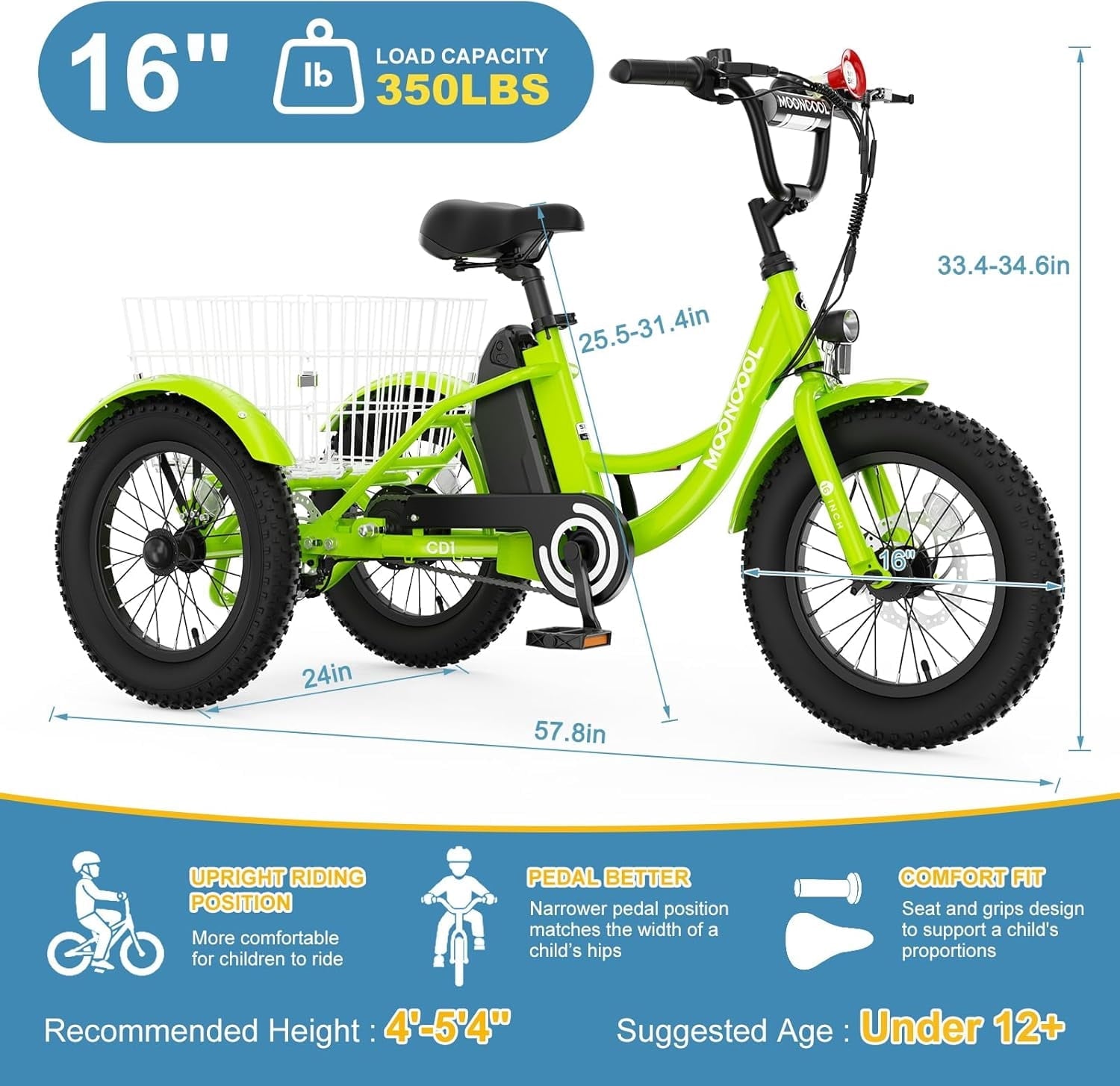 MOONCOOL Electric Tricycle for Kids ,16x3 3 Wheel 250W 10.4Ah Etrike W/ LED headlight & Rear Basket & horn bell & DIY stickers .6/9/12.5 MPH