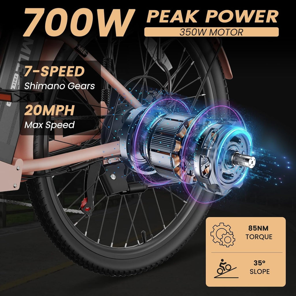 MOONCOOL Electric Bicycle for Adults 350W , 7-Speed Ebike with 36V 10.4Ah Removable Battery . 40 Miles Range , 20 mph Electric Commuter Bike for Women Men