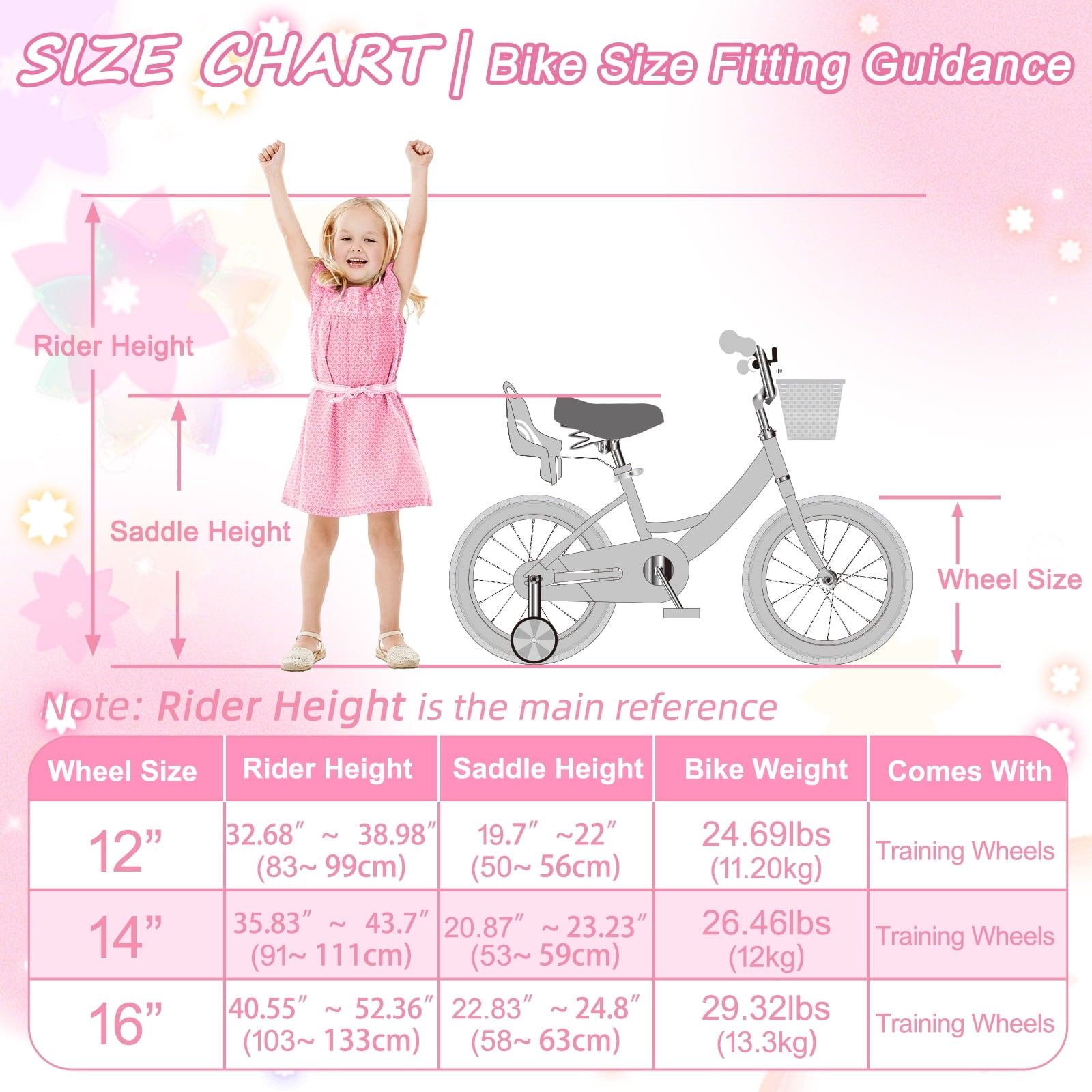 Korimefa Girls Bike for 3-9 Years Old Kids, 12 14 16 inch Kids Bike with Training Wheels, Basket and Doll Seat, Children Bicycles with Handbrake, Pink