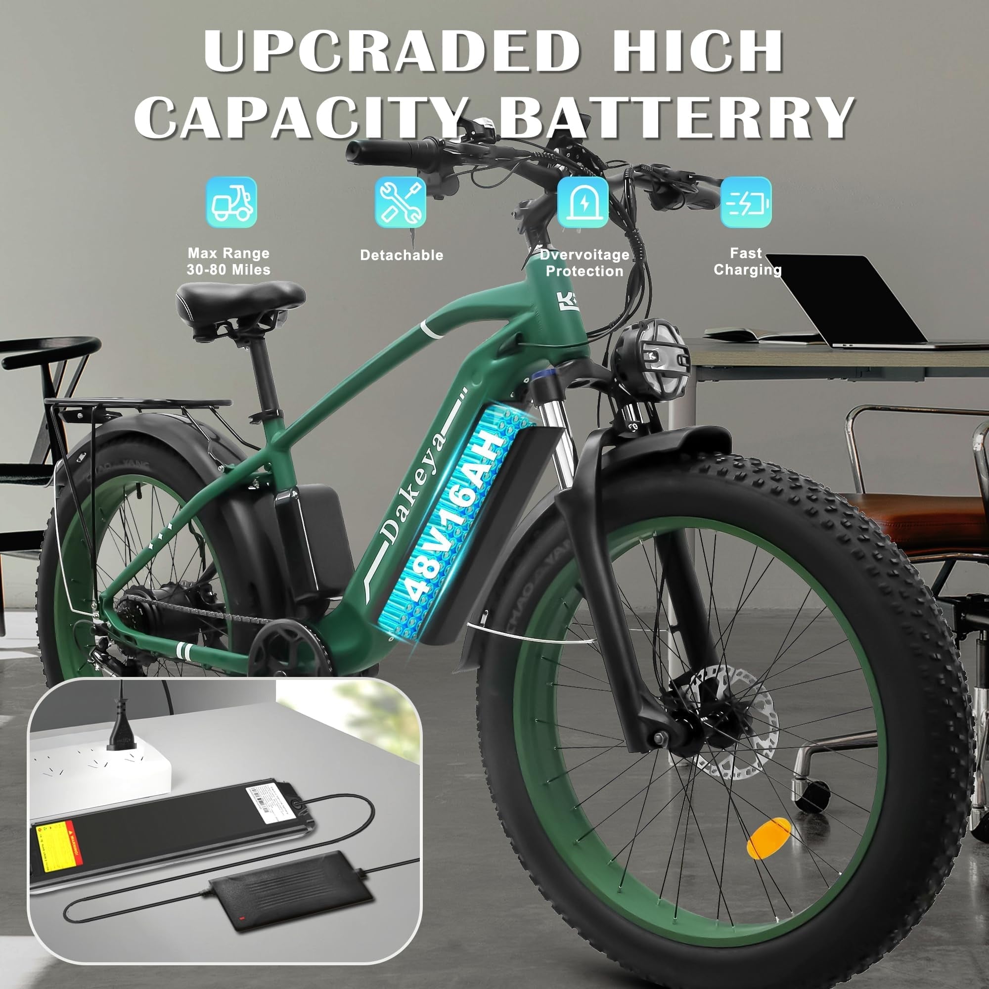 Electric Bike for Adults, 26x4.0 Fat Tire E-Mountain Bicycle, Peak 1600W Motor 48V-16Ah with 7 Speed, Mountain Bike Beach Snow Ebike for Men, Blue