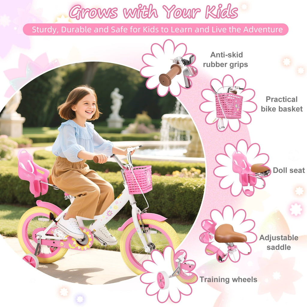 Korimefa Girls Bike for 3-9 Years Old Kids, 12 14 16 inch Kids Bike with Training Wheels, Basket and Doll Seat, Children Bicycles with Handbrake, Pink