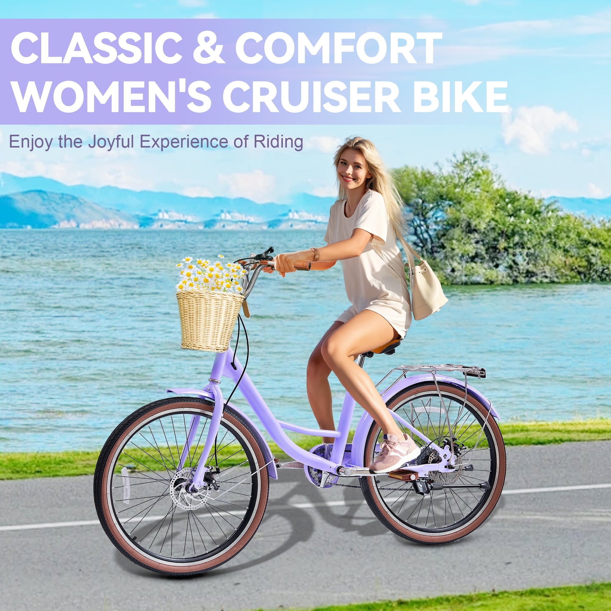 24 Beach Cruisers for Women, Pipleo Bikes for Women with Rattan Basket, 7-Speed & Step-Through Frame