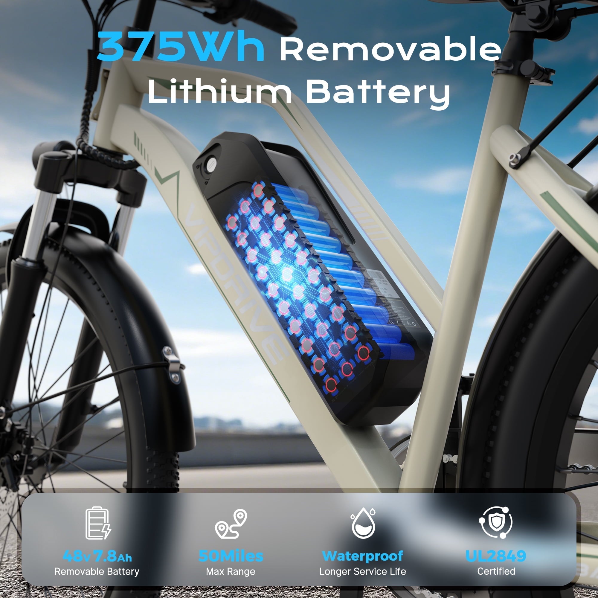 VIPDRIVE 26 Electric Bicycle for Adults & Women, Peak 750W Motor E-Bikes, 48V 7.8Ah Battery, 7-Speed, City Cruiser E-Bike, LCD Display, 50 Mi Range（UL2849）