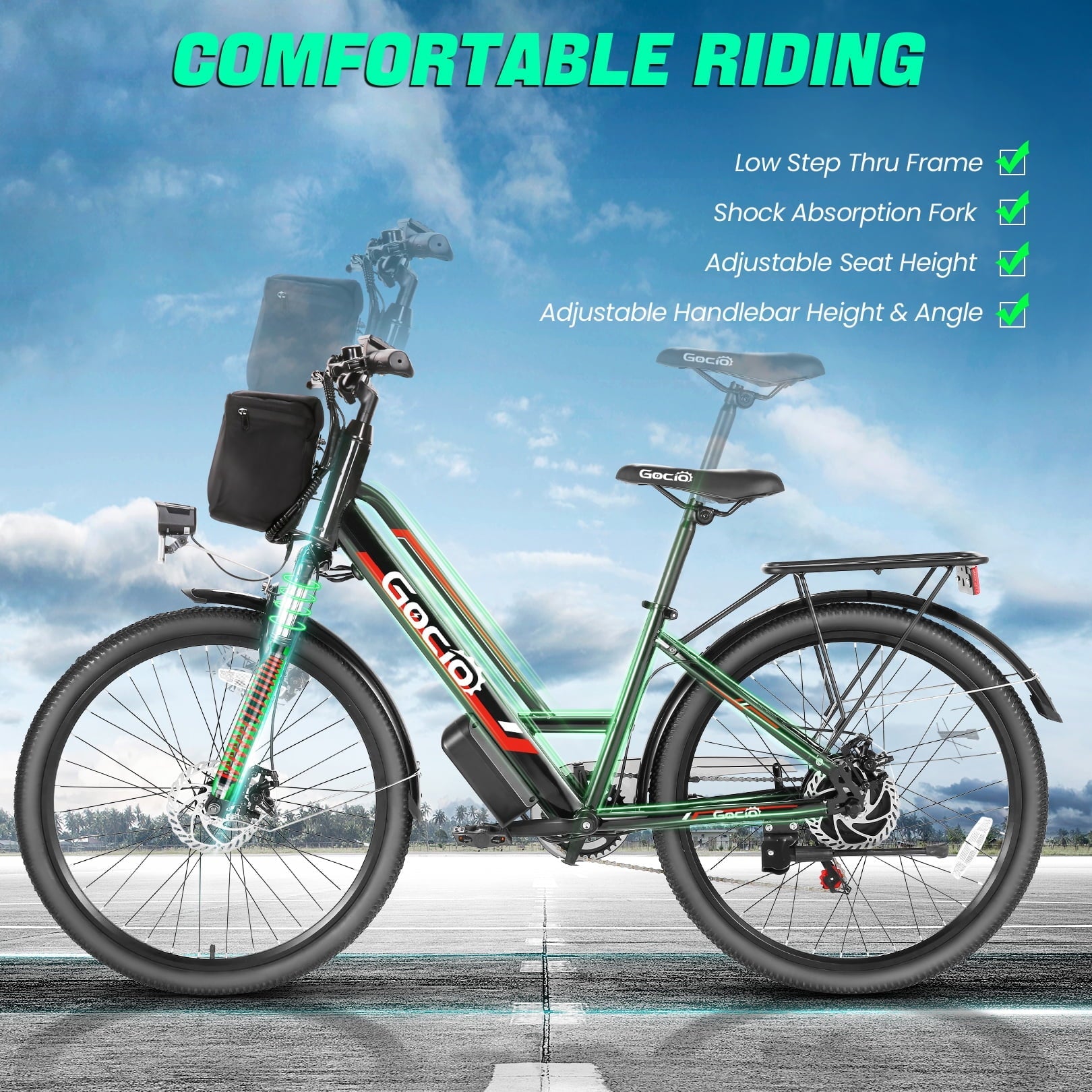 Gocio UL2849 Certified 26 Electric Bike for Adults, 750W Peak Motor, 48V 7.8Ah Battery, 19.8 mph 7-Speed Commuter Ebike with Disc Brakes