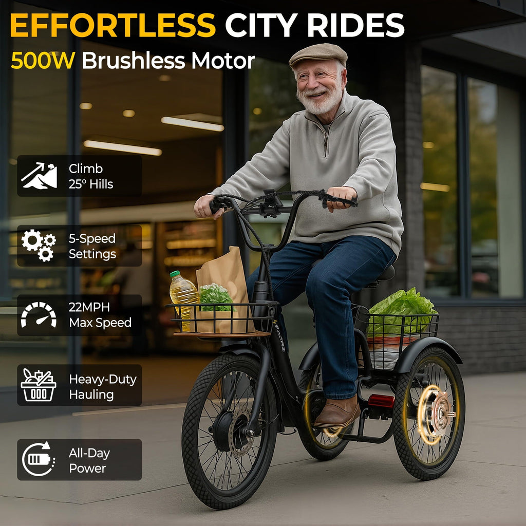 Electric Scooter Tricycle for Adults, 20” Folding Electric Trike,3 Wheels Electric Bicycle Bikes, Peak 1000W Step-Thru Etrike with 36V 13Ah UL2849  Removable Battery and Large Basket for Women Men