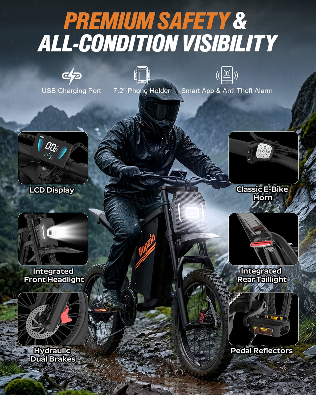 Bopzin Electric Dirt Bike for Adults, Smart App Anti-Theft, 60V 25Ah Up to 100 Miles, 3000W 20x3.0 Fat Tire Electric Bike UL2849