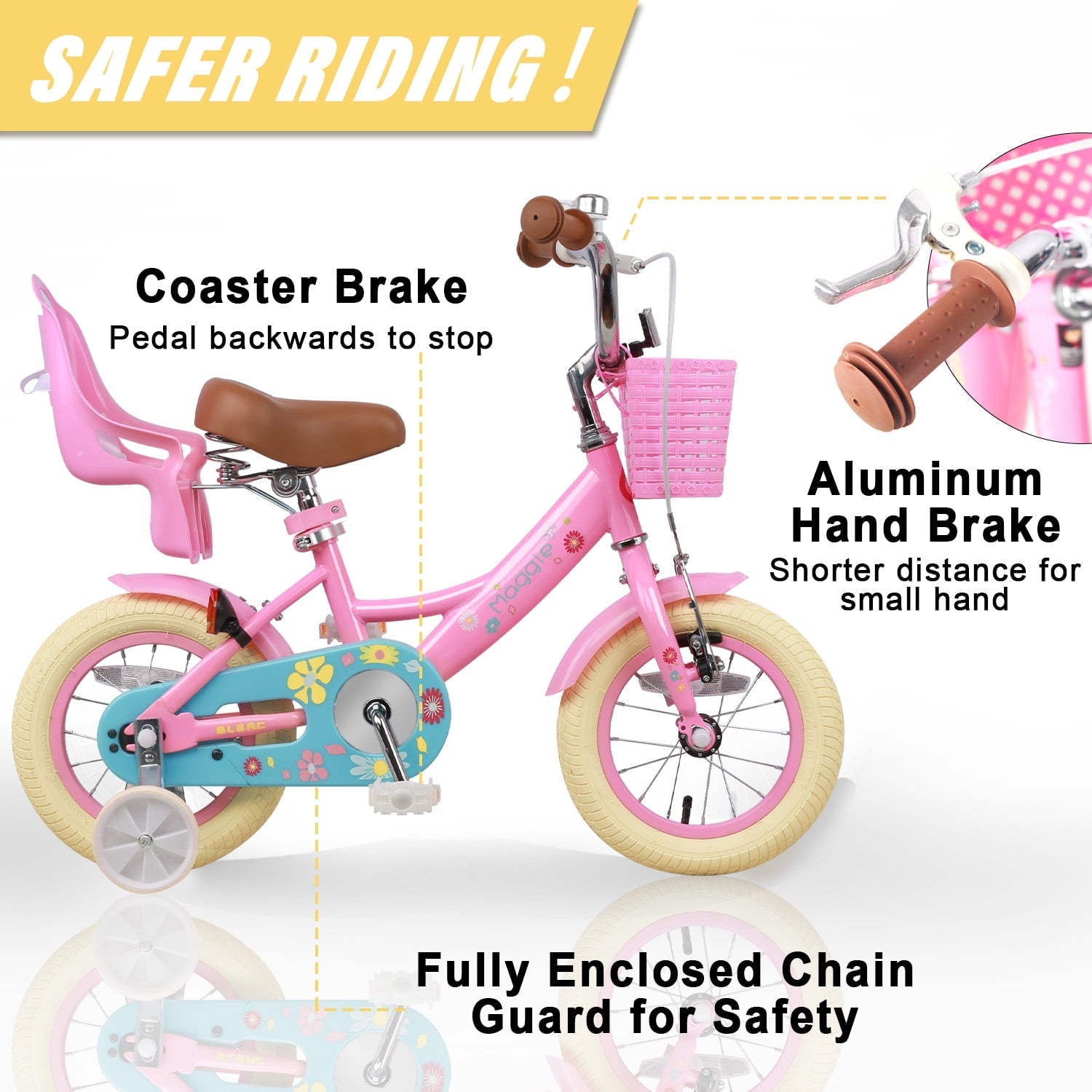 Glerc Maggie 14 inch Kids Girls Bike for Ages 3-5 Years Old Children, Princess Style Kids Bicycle with Doll-Seat & Basket & Training Wheels, Pink