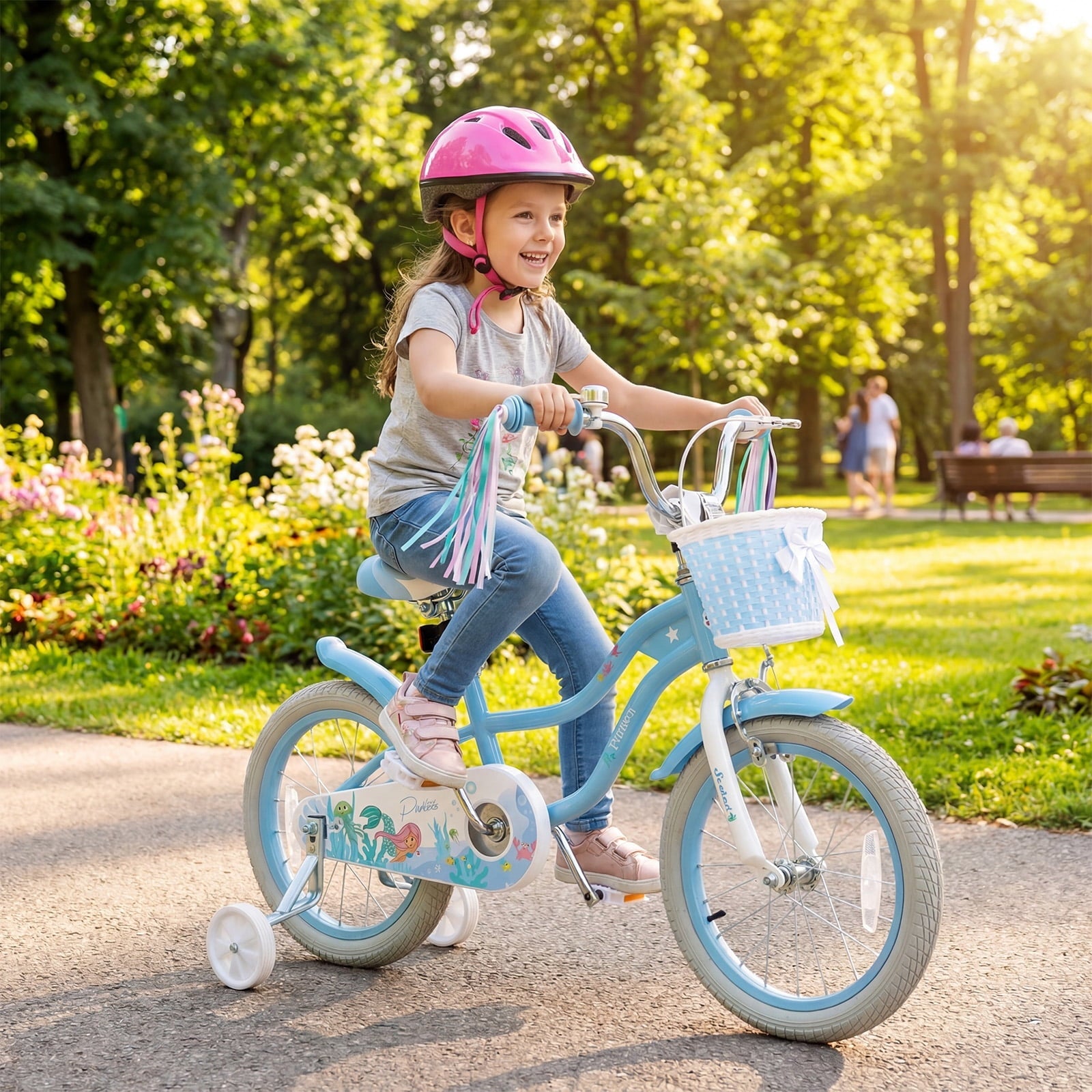 Costway 14 Kids Bike with Training Wheels Hand Coaster Brakes Adjustable Seat Handlebar Pink
