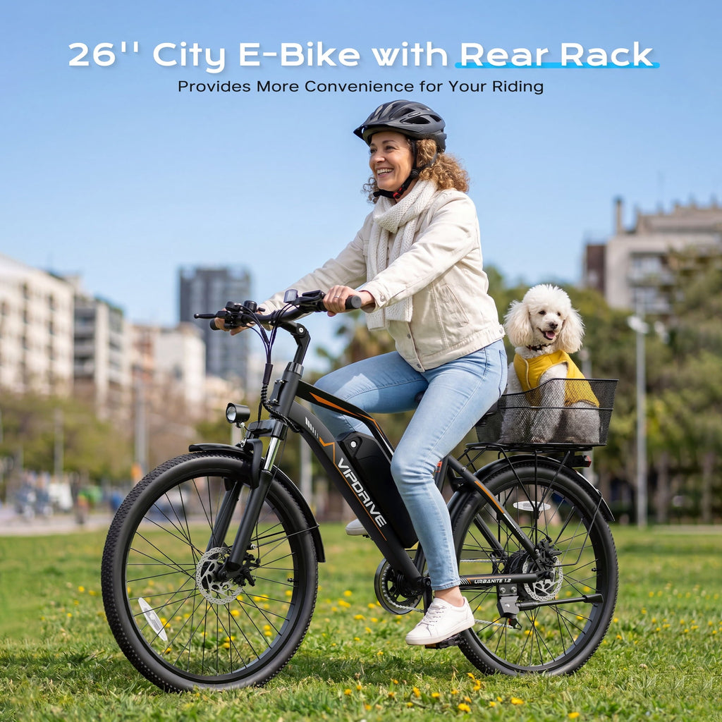 VIPDRIVE 26 Electric Bicycle for Adults & Women, Peak 750W Motor E-Bikes, 48V 7.8Ah Battery, 7-Speed, City Cruiser E-Bike, LCD Display, 50 Mi Range（UL2849）