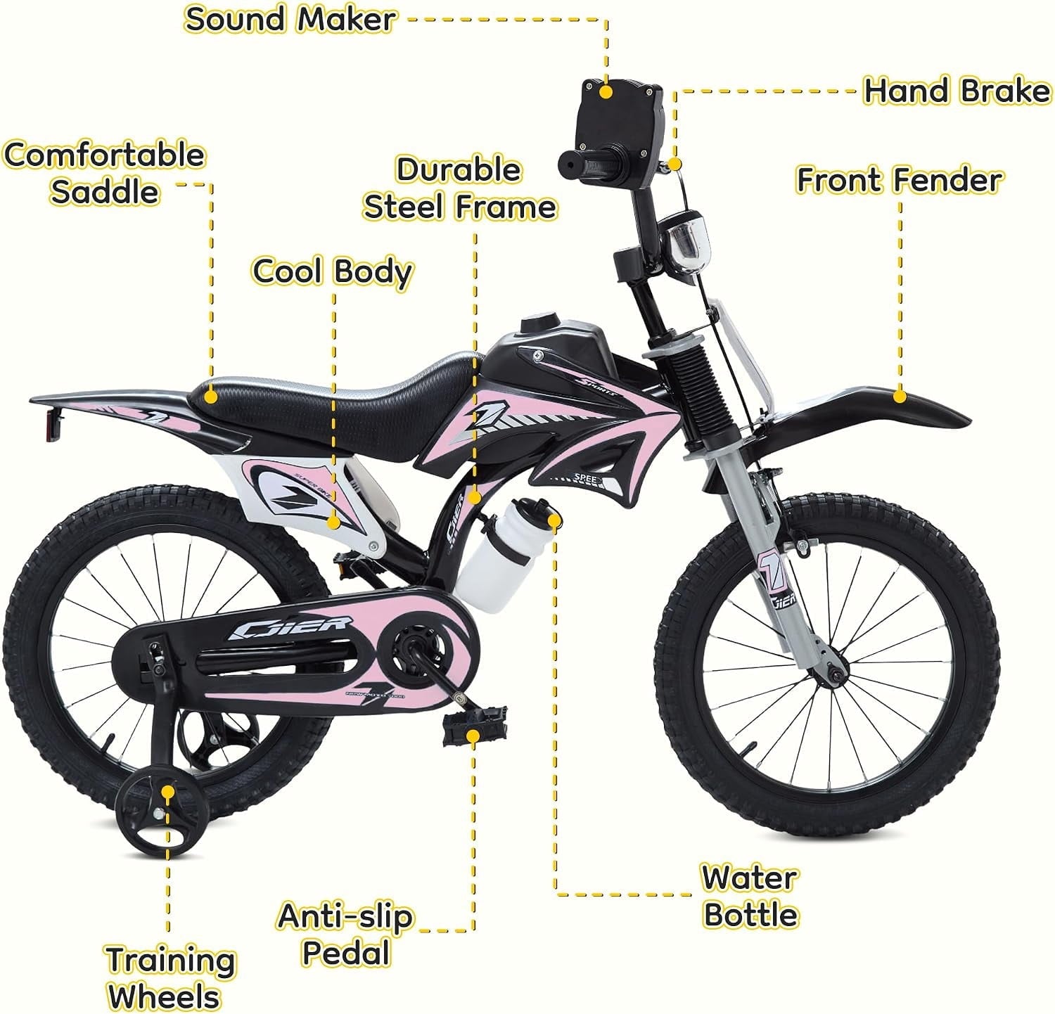 NEORIVER 16 Inch Motocross Style Kids Bike – Training Wheels, Sound Horn, Number Plate & Dashboard Included – Easy Assembly – Ages 3-12 Boys Girls