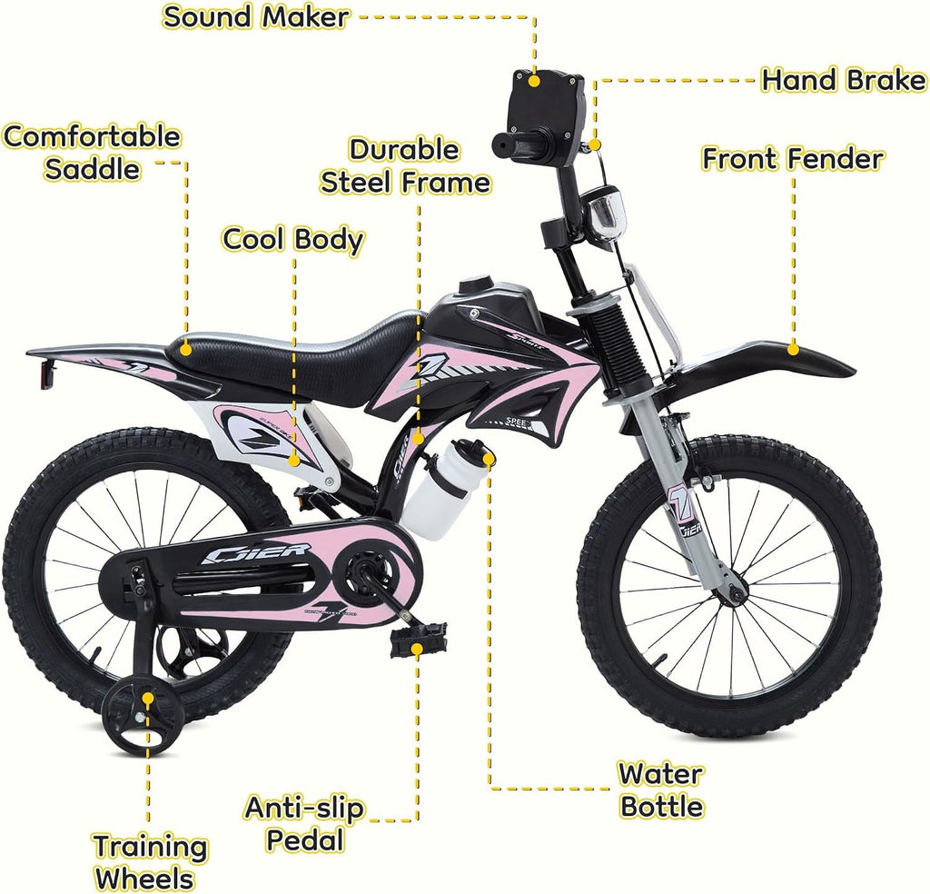 NEORIVER 12 Inch Motocross Style Kids Bike – Training Wheels, Sound Horn, Number Plate & Dashboard Included – Easy Assembly – Ages 3-12 Boys Girls