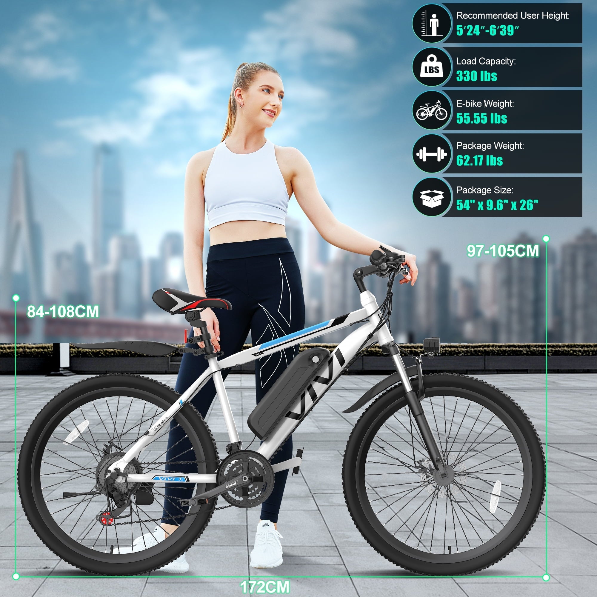 Vivi Electric Bike for Adults 26 Electric Mountain Bike 500W Cruise Control Electric Commuter Bike 21 Speed with Removable 48V Battery