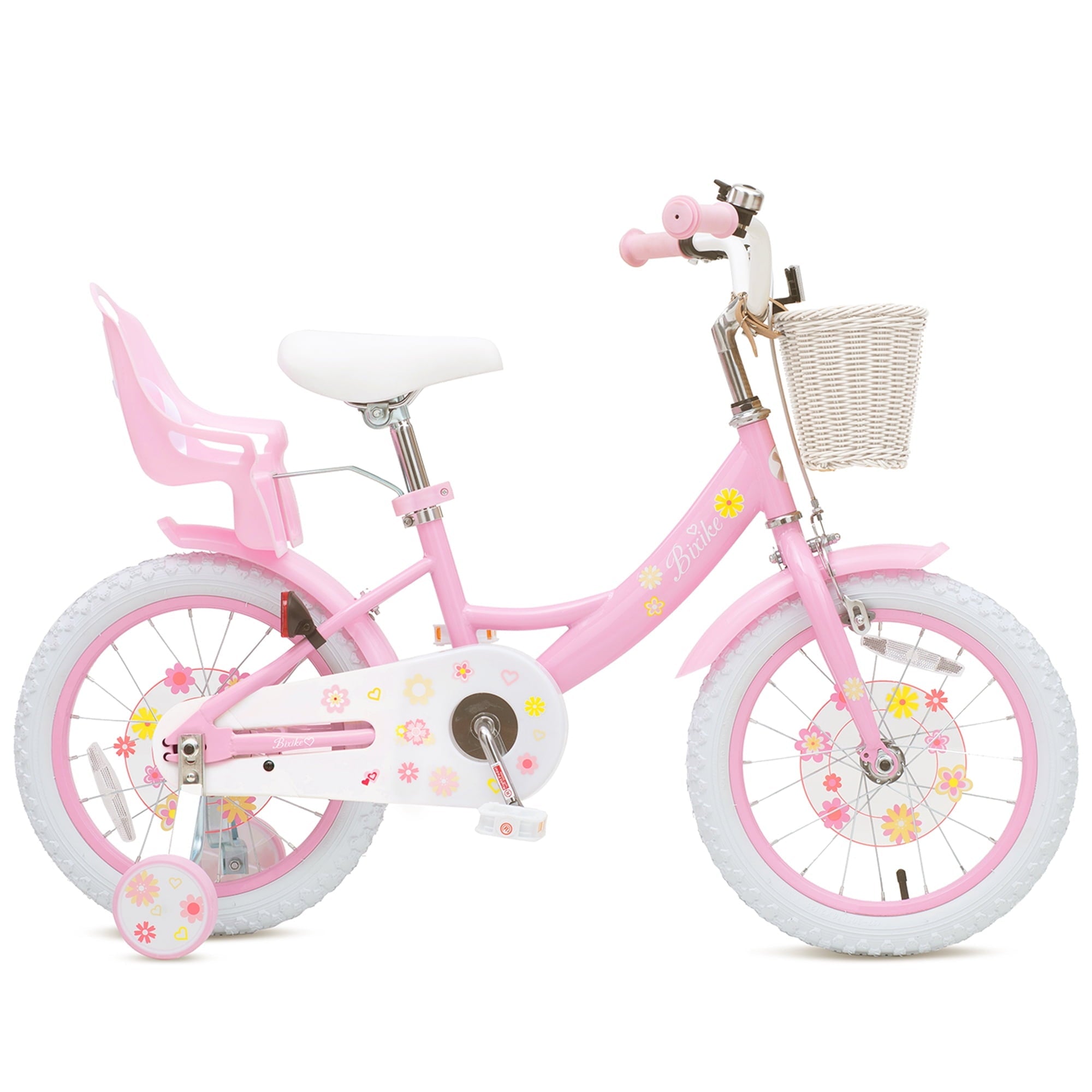 ACEGER 14 Inch Girls Bike with Basket, Training Wheels, Doll Seat, Purple Kids Bicycle for Ages 3-5