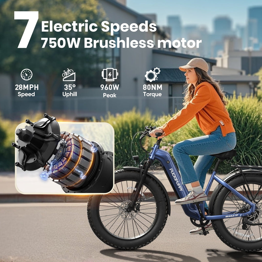 PUCKIPUPPY 960W Peak Electric Bike for Adults Step Through E-Bike 28mph Max Speed 60Miles Range 26 Fat Tire Electric Mountain Bike 48V 15AH Battery 7 Speed off-Road Ebike, Comply with UL2849 By SGS