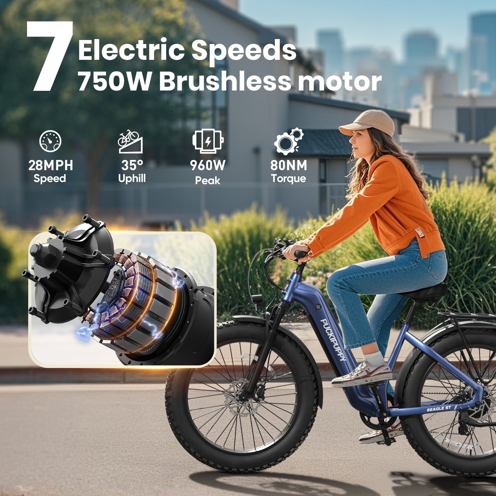 PUCKIPUPPY 960W Peak Electric Bike for Adults Step Through E-Bike 28mph Max Speed 60Miles Range 26 Fat Tire Electric Mountain Bike 48V 15AH Battery 7 Speed off-Road Ebike, Comply with UL2849 By SGS