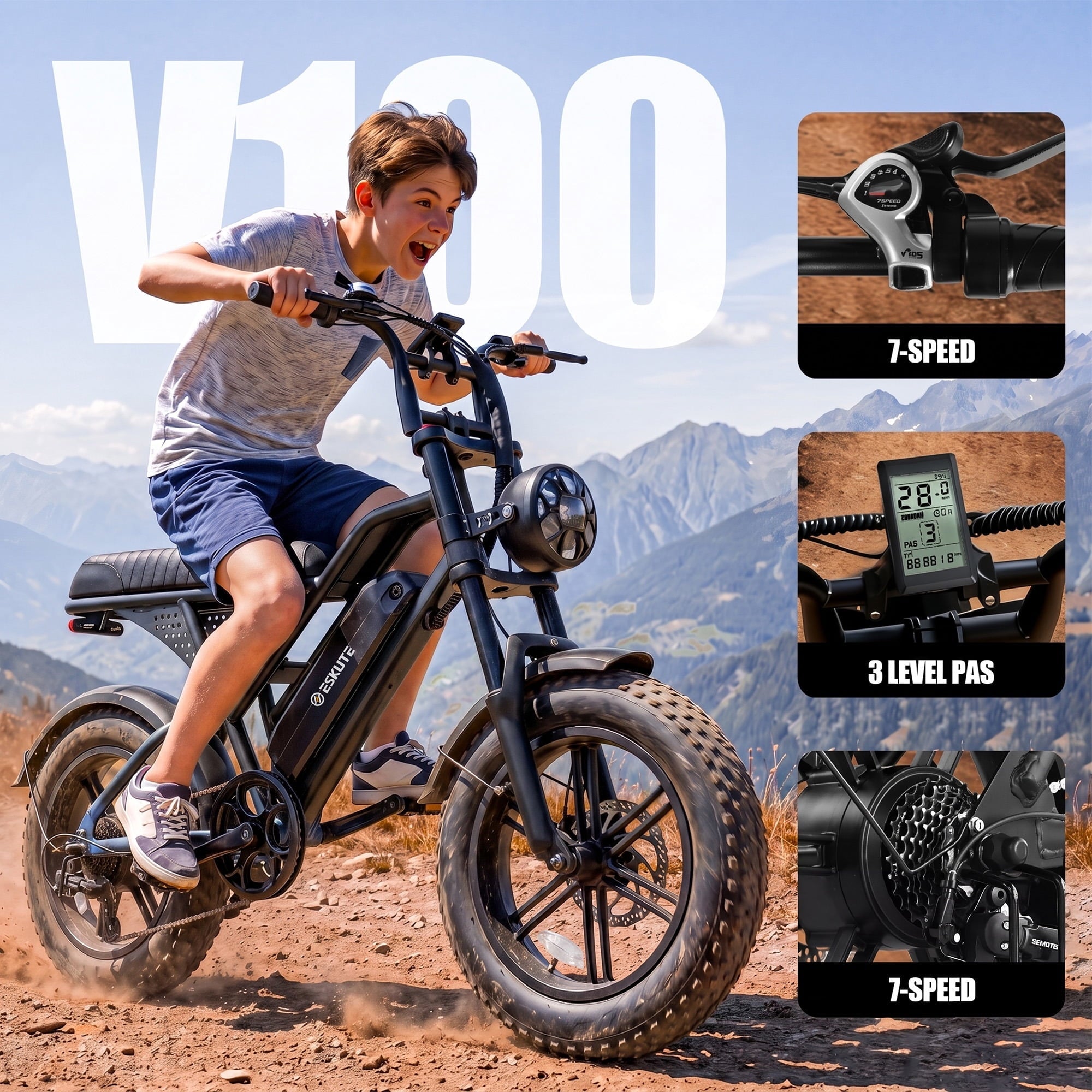 ESKUTE V100 Electric Bike for Teens Adults Students, 750W 28 Mph 48V 13 Ah,16x4.0 Fat Tire E Bicycle, 7-Speed Dual Suspension Mountain EBike Black, UL2849