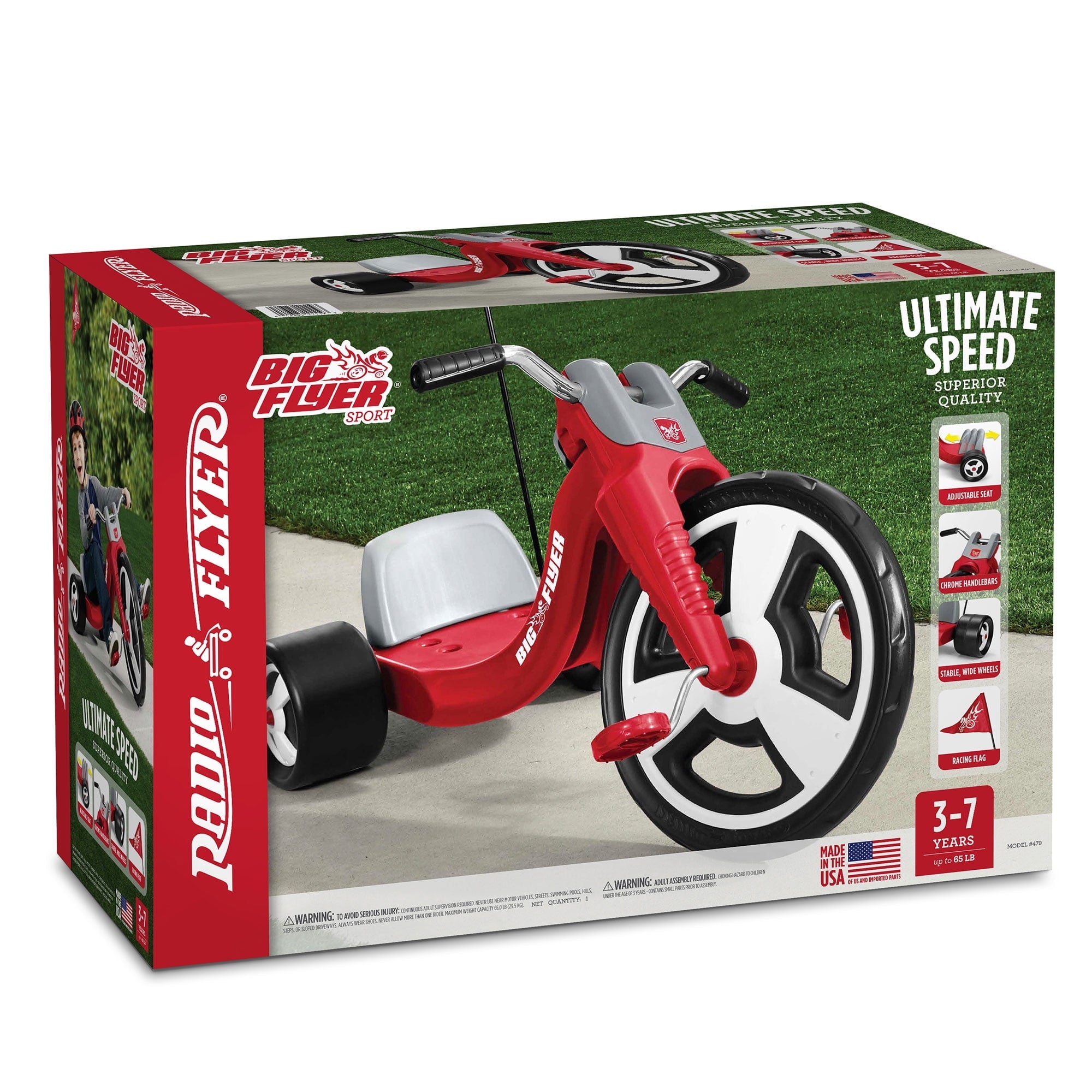 Radio Flyer Big Flyer Sport Tricycle with Adjustable Seat and Racing Design, Red, Ages 3 to 7 Years
