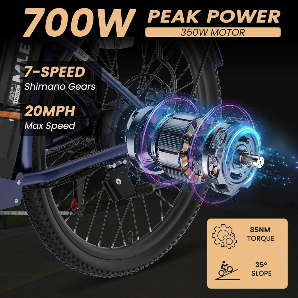 MOONCOOL Electric Bicycle for Adults 350W , 7-Speed Ebike with 36V 10.4Ah Removable Battery . 40 Miles Range , 20 mph Electric Commuter Bike for Women Men