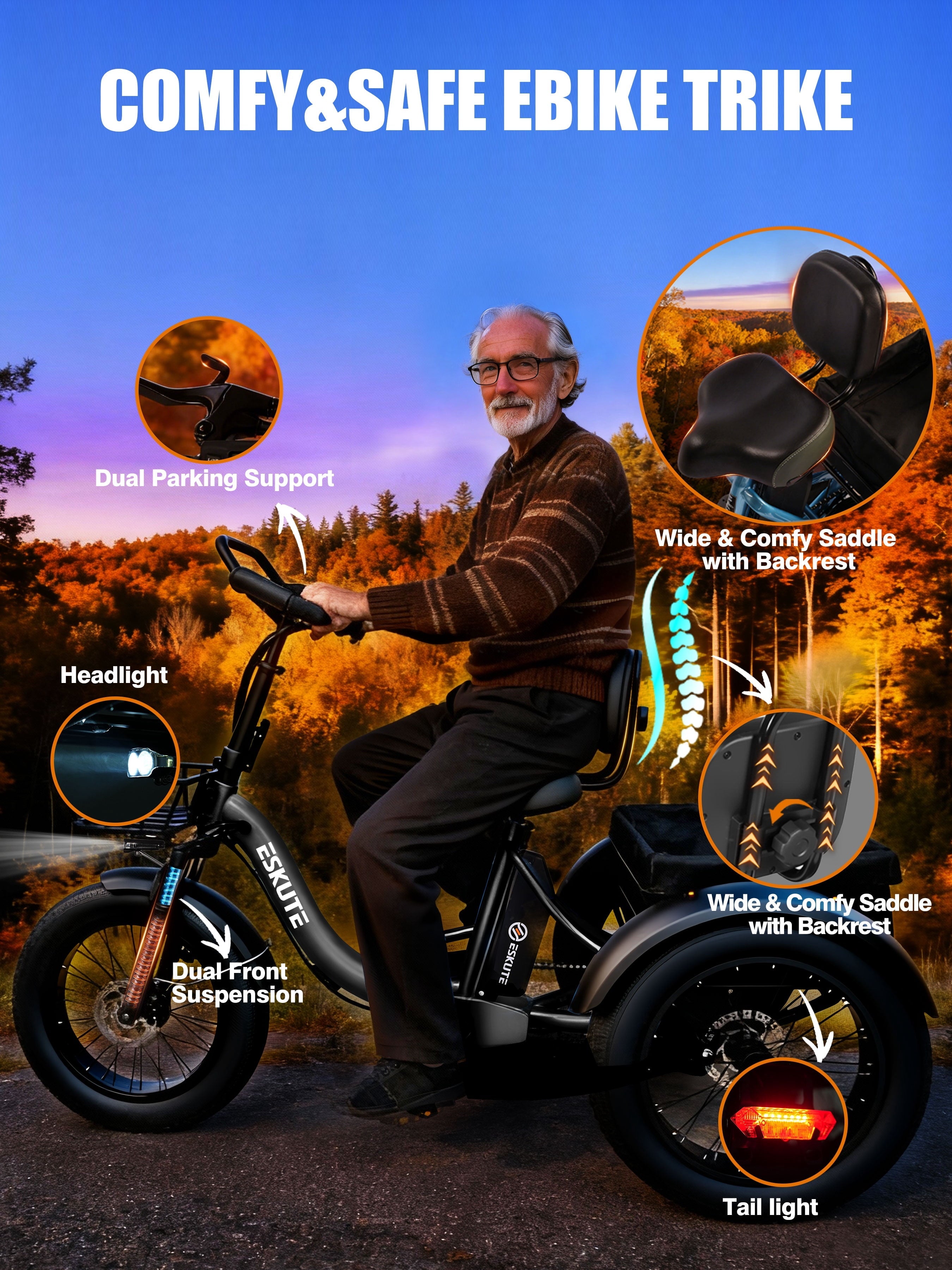 ESKUTE T300 Pro Electric Tricycle for Adults, E Trike, 1200W Peak Motor, 998.4Wh Battery, 20 x 4.0 Fat Tires, Foldable 3 Wheel Electric Bike, Stable Ride for Seniors & Parents Black, UL2849
