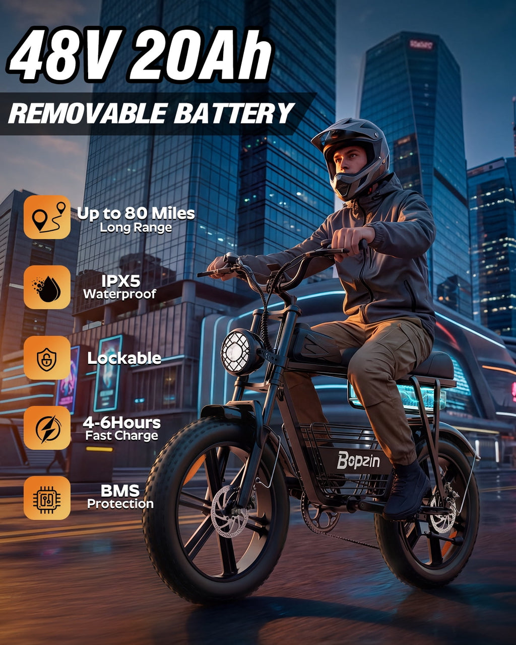 Bopzin Electric Bike for Adults, Peak 1500W App & Anti-Theft, 48V/25Ah, 20x4.0 Fat Tire Ebike, UL2849 E-Mountain Bike