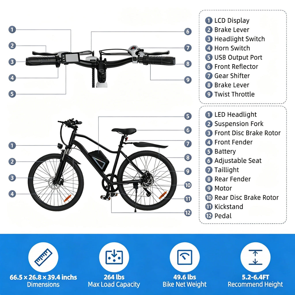 iScooter Electric Bike for Adults 20 Mph, 30+Miles Electric Bicycle,500W Electric Bike with 36V 10.4Ah Battery, 5-Speed, 26 Tires and Front Fork Suspension