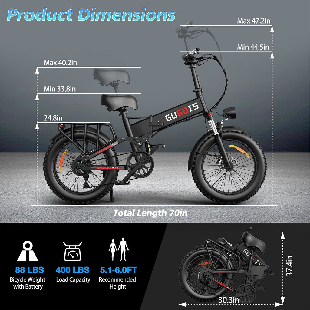 GugoIs 1500W Peak Electric Bike, 20 x 4.0 Fat Tire Electric Mountain Bike, 48V 20Ah Battery Folding Ebike with Rear Rack, 7 Speed E-Bicycle, Lockable Suspension Fork, off-road UL2849