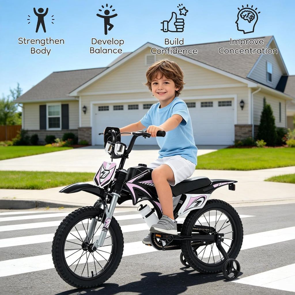 NEORIVER 12 Inch Motocross Style Kids Bike – Training Wheels, Sound Horn, Number Plate & Dashboard Included – Easy Assembly – Ages 3-12 Boys Girls