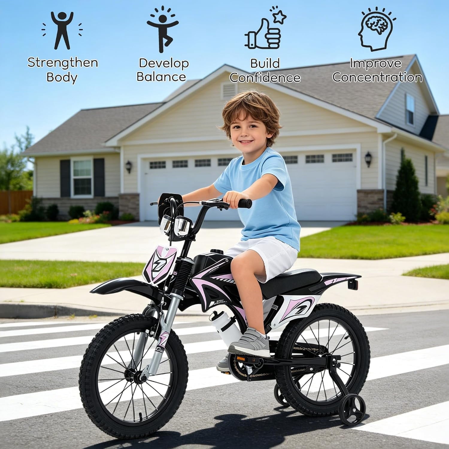 NEORIVER 16 Inch Motocross Style Kids Bike – Training Wheels, Sound Horn, Number Plate & Dashboard Included – Easy Assembly – Ages 3-12 Boys Girls