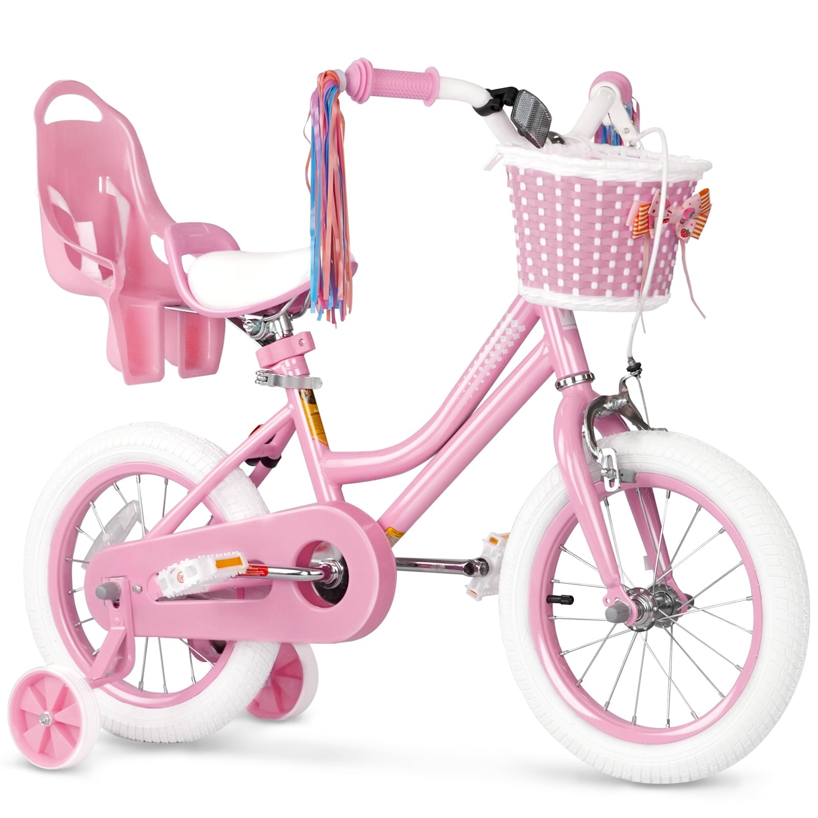XJD Girls Bike for Toddlers 3-9 Years Old Kids, 16 Inch Kids Bike with Training Wheels, Streamers, Basket and Doll Seat, Children Bicycles with Handbrake