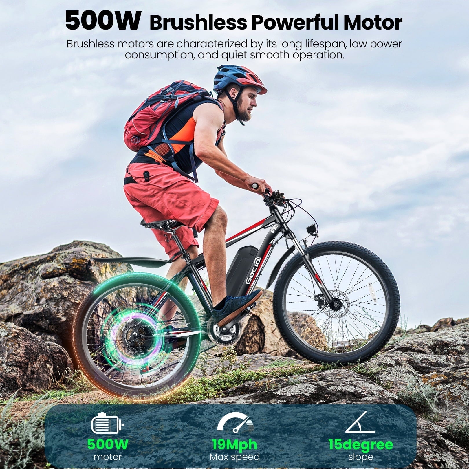 Gocio Peak 750W Electric Bike 26 Electric Bicycle for Adults Max 19.8mph Cruise Control System Ebike, 48V 375Wh Mountain Bike, 21 Speed for Man Woman UL2849 Certified