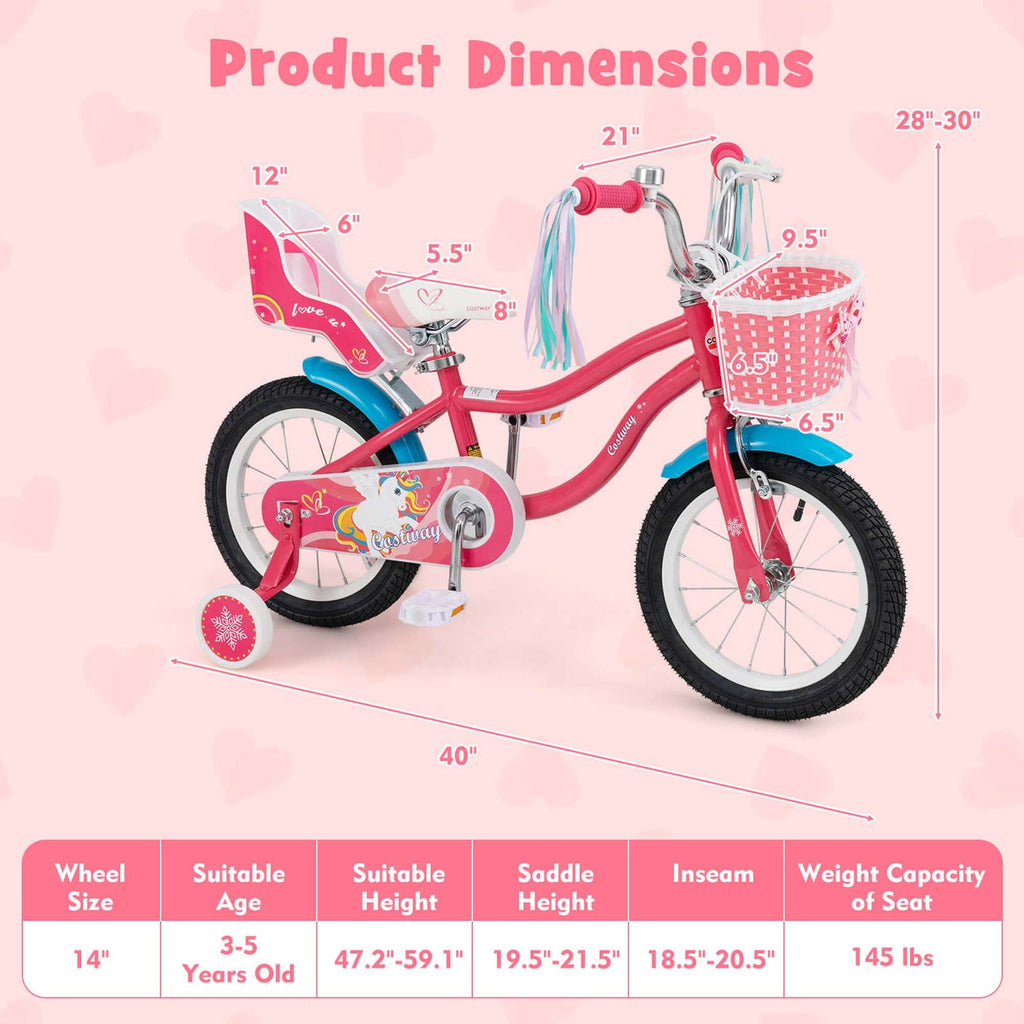 Costway 18 Inches Kids Bicycle with Training Wheels & Basket for Girls Age 4-8 Years Pink