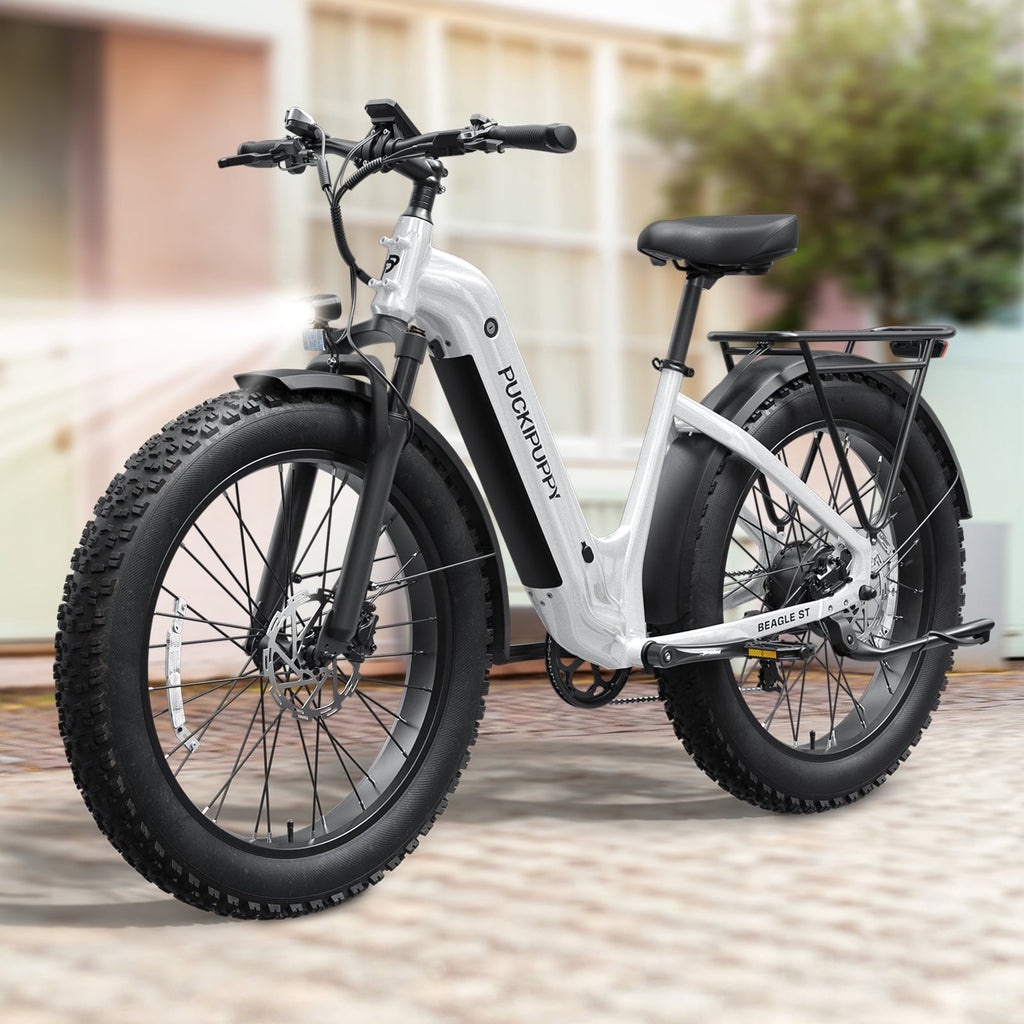 PUCKIPUPPY 960W Peak Electric Bike for Adults Step Through E-Bike 28mph Max Speed 60Miles Range 26 Fat Tire Electric Mountain Bike 48V 15AH Battery 7 Speed off-Road Ebike, Comply with UL2849 By SGS