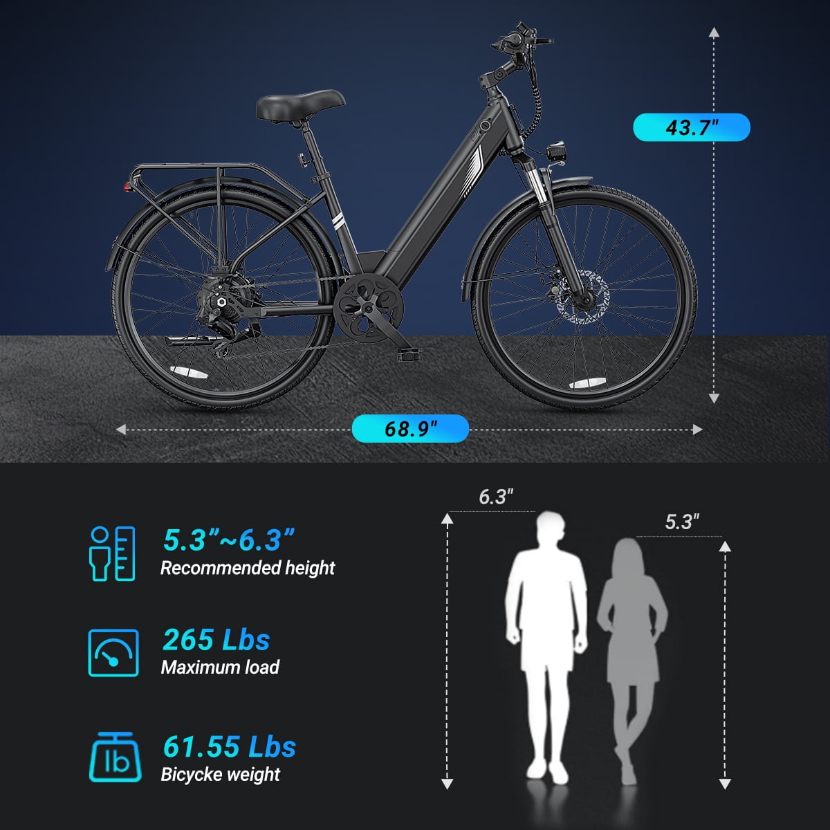 DYU C7L Electric Bike for Adults, 26 Peak 1000W Motor Ebike, 48V 10.4Ah Removable Battery, 45 Miles Max 20MPH, 7 Speed Electric Bicycle UL2849