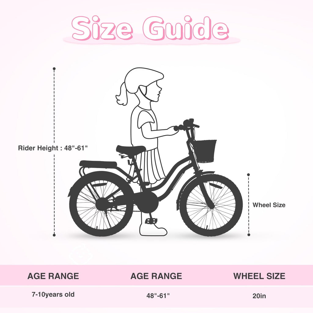 Dolonm 20 Kids Bike for Ages 7-10, Lightweight High-Carbon Steel Frame Cruiser Bicycle, Girls Bike with Wicker Basket, Rear Seat Rack, No Training Wheels, Pink