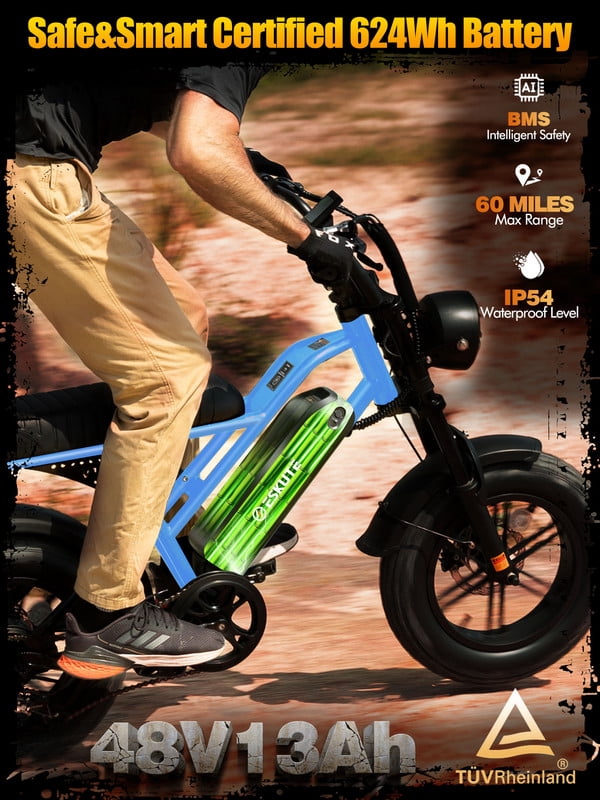 ESKUTE V100 Electric Bike for Teens Adults, 750W Peak 1500W 28 Mph 48V 13 Ah,16x4.0 Fat Tire E Bicycle, 7-Speed E-Bike with Dual Suspension, UL2849