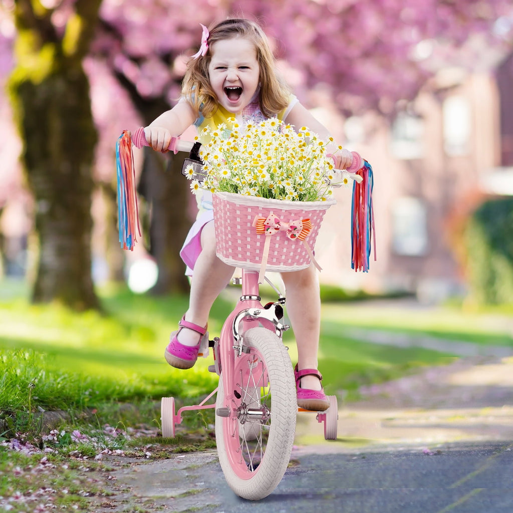 XJD Girls Bike for Toddlers 3-9 Years Old Kids, 16 Inch Kids Bike with Training Wheels, Streamers, Basket and Doll Seat, Children Bicycles with Handbrake