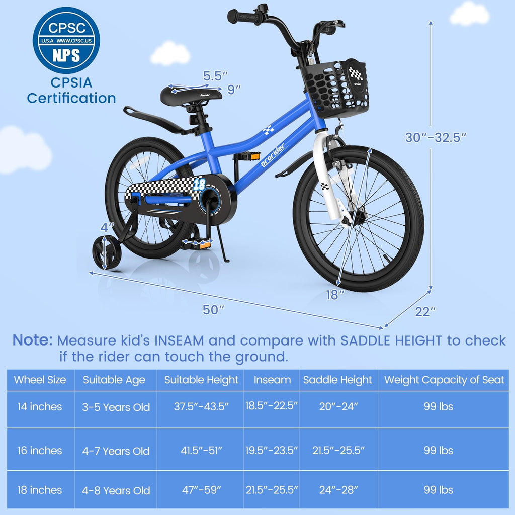 Costway 14'' Kid's Bike with Removable Training Wheels & Basket for 3-5 Years Old White