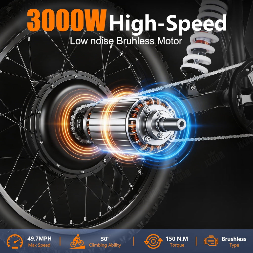 Jecham QF200 Pro 3000W Electric Bike for Adults, 60V 32AH Battery, 45+ MPH Speed, 80+ Miles Range , 19 Puncture-Resistant Tires, Dual Suspension & Hydraulic Brakes, NFC, UL2849