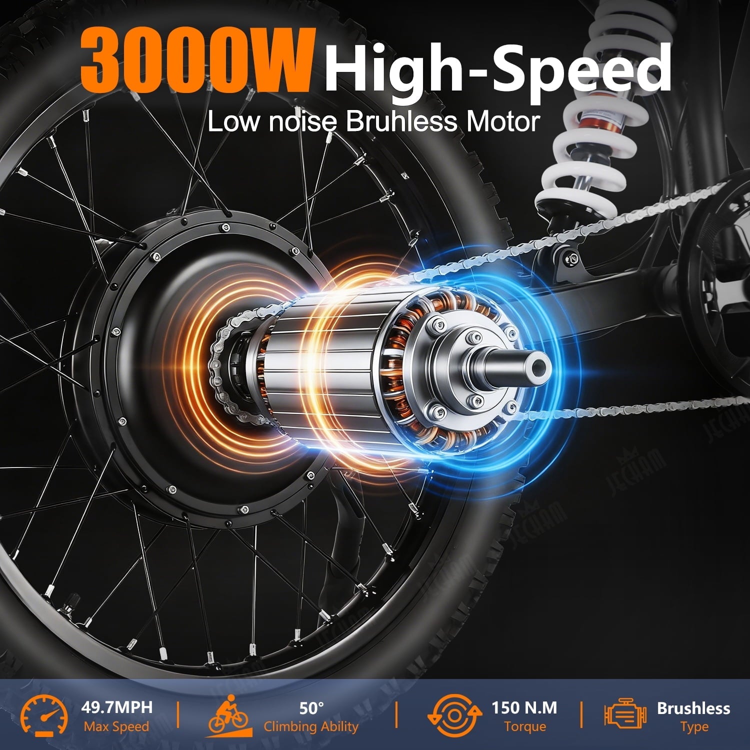 Jecham QF200 Pro 3000W Electric Bike for Adults, 60V 32AH Battery, 45+ MPH Speed, 80+ Miles Range , 19 Puncture-Resistant Tires, Dual Suspension & Hydraulic Brakes, NFC, UL2849