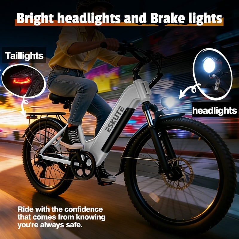 ESKUTE C200 Electric Bike for Adults, 1300W Peak Power Ebike, 28MPH Step-Thru E-Bicycle with 840Wh Removable Battery, Up to 70 Miles, 26 Tires, 7 Speed Adjustable Stem,white, UL2849