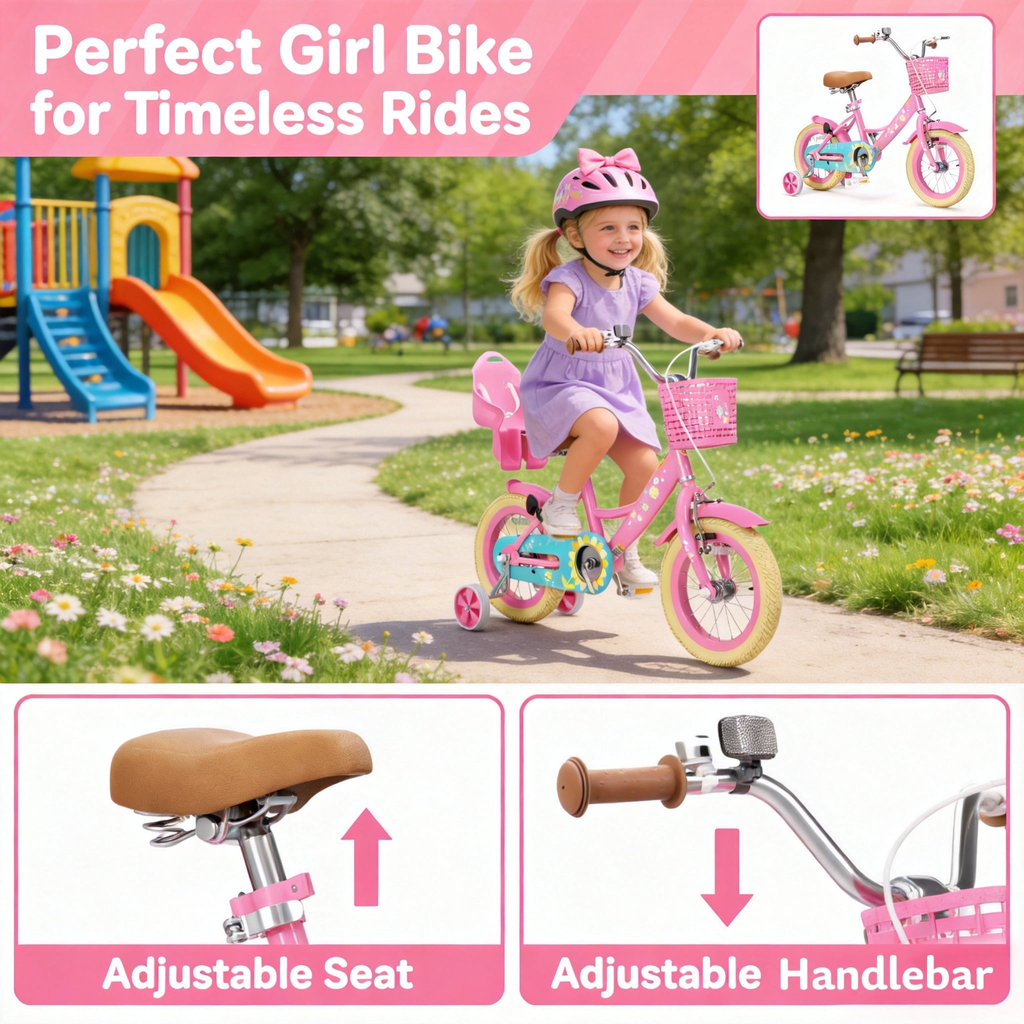 Korimefa Girls Bike for 3-9 Years Old Kids, 12 14 16 inch Kids Bike with Training Wheels, Basket and Doll Seat, Children Bicycles with Handbrake, Pink