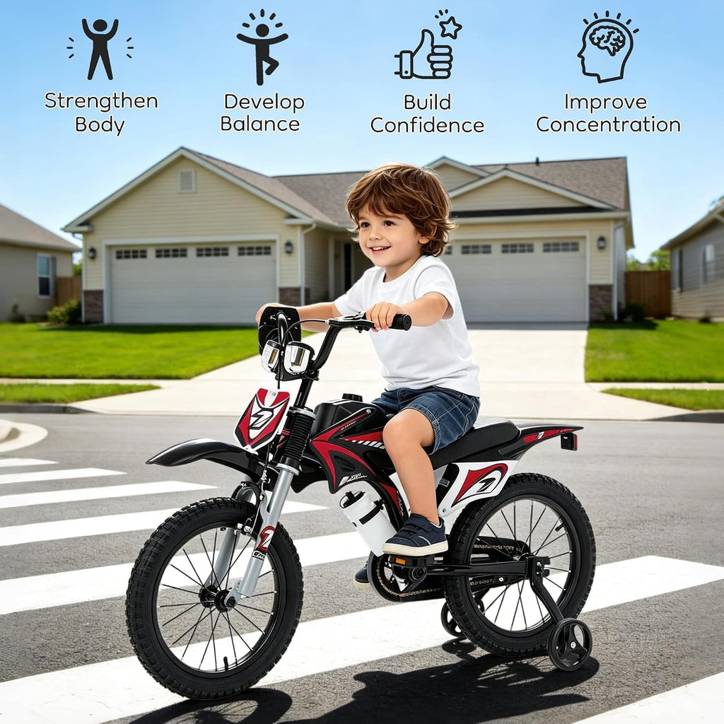 NEORIVER 16 Inch Motocross Style Kids Bike – Training Wheels, Sound Horn, Number Plate & Dashboard Included – Easy Assembly – Ages 3-12 Boys Girls
