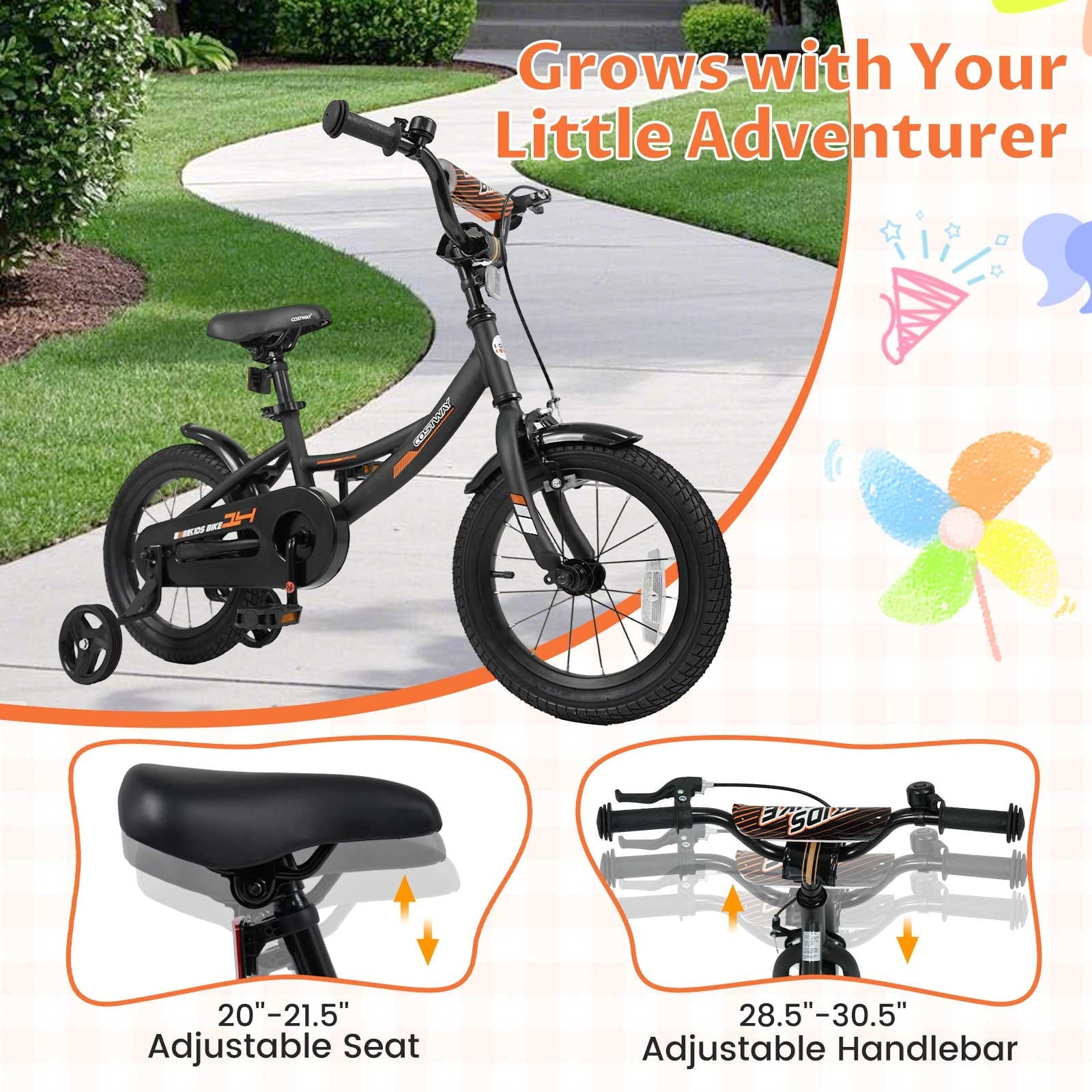 Costway 18 Inch Kids Bike with Training Wheels, Dual Brakes, Adjustable Seat & Handlebar Height Pink