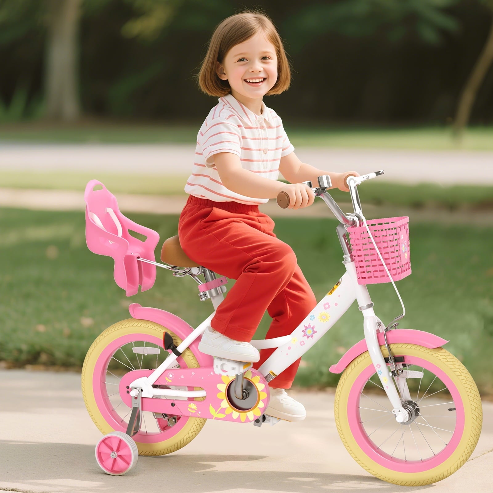 Korimefa Girls Bike for 3-9 Years Old Kids, 12 14 16 inch Kids Bike with Training Wheels, Basket and Doll Seat, Children Bicycles with Handbrake, Pink