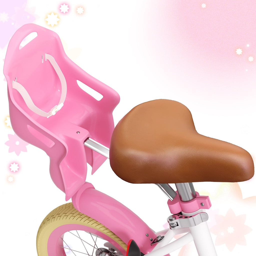 Korimefa Girls Bike for 3-9 Years Old Kids, 12 14 16 inch Kids Bike with Training Wheels, Basket and Doll Seat, Children Bicycles with Handbrake, Pink