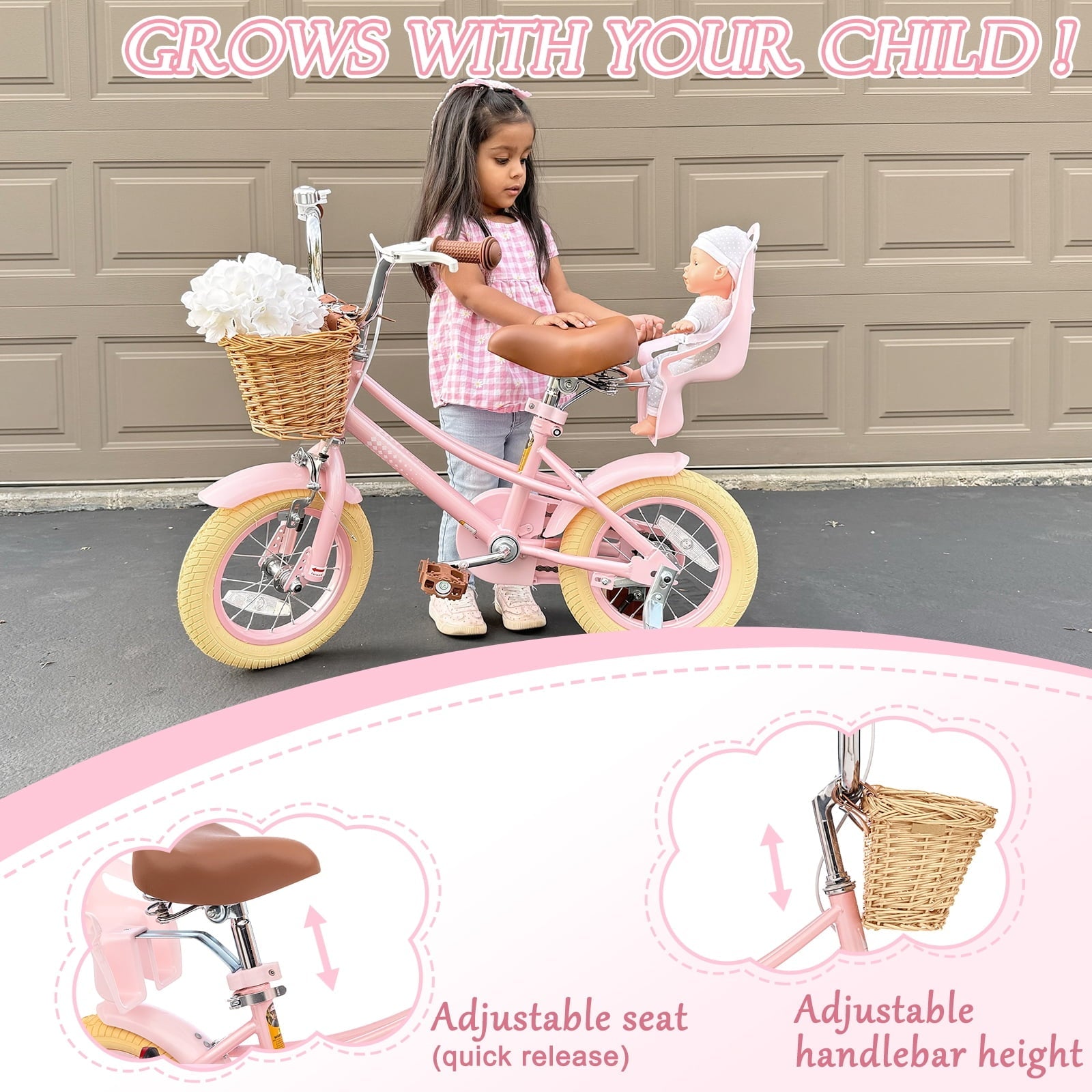 KORIMEFA Girl Bike for Toddlers and Kids Ages 3-6 Years Old, 12 inch Kids Bike with Training Wheels & Basket, 12 in Girl Bicycle with Handbrake & Kickstand