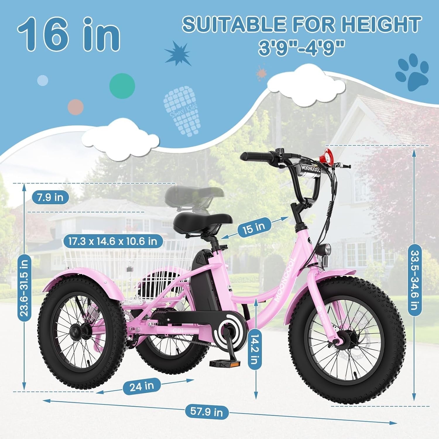 MOONCOOL Electric Tricycle for Kids ,16x3 3 Wheel 250W 10.4Ah Etrike W/ LED headlight & Rear Basket & horn bell & DIY stickers .6/9/12.5 MPH