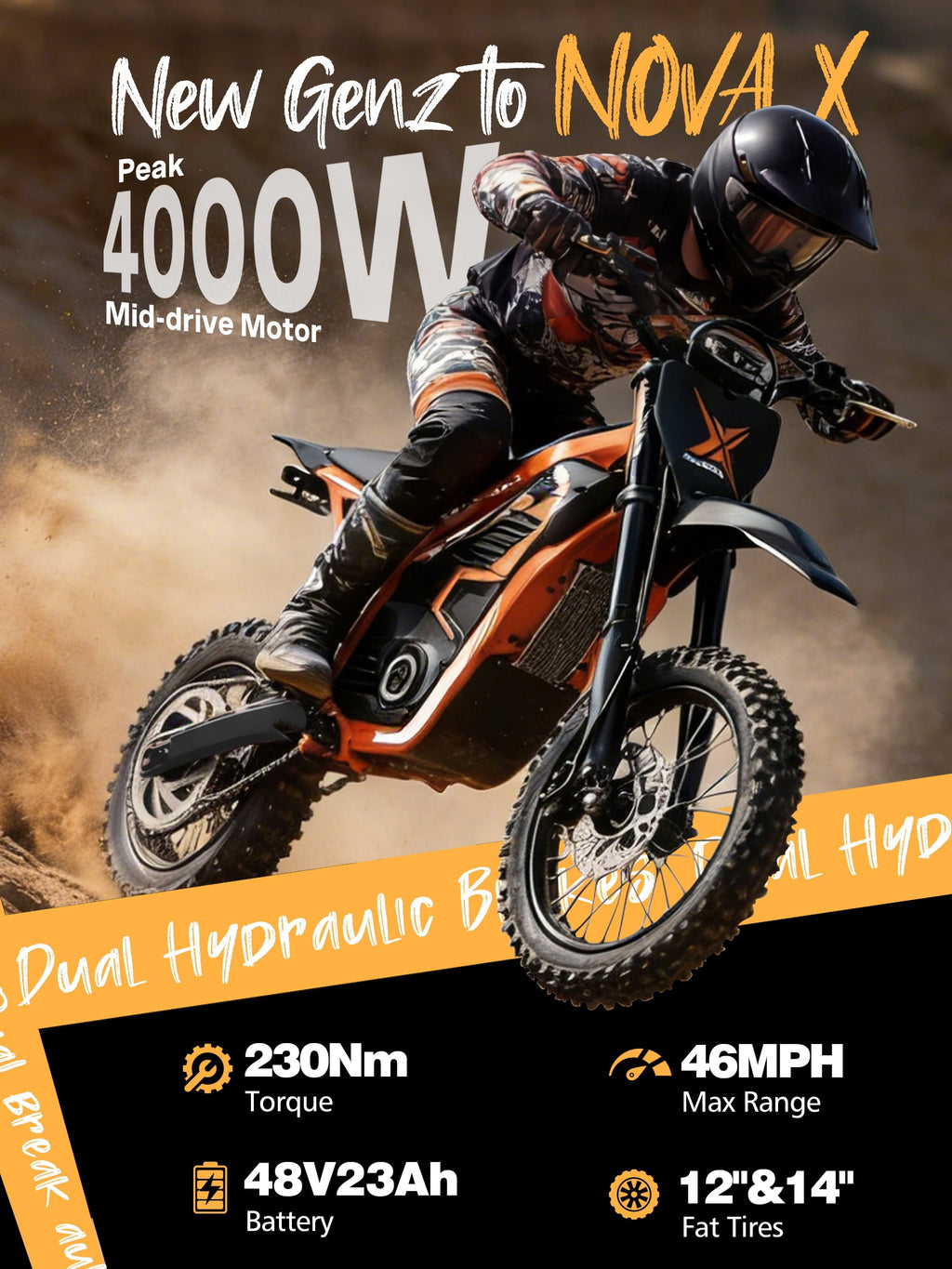 ESKUTE NovaX Electric Dirt Bike for Teens & Adults, 4000W Peak Mid-Drive Motor, 35-46 MPH Off-Road E-Bike, 48V 22.8Ah Battery, 14/12 Wheels, Hydraulic Dual Shock Suspension Orange
